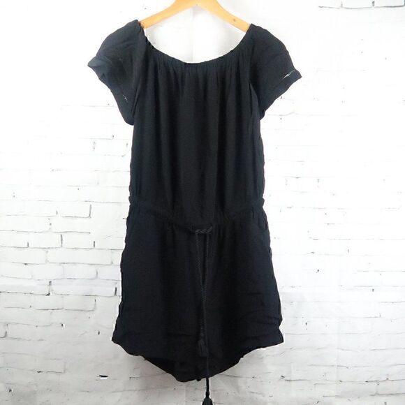ANN TAYLOR LOFT BLACK SHORT SLEEVE ROUND NECK ROMPER WITH DRAWSTRING WAIST - Picture 1 of 10